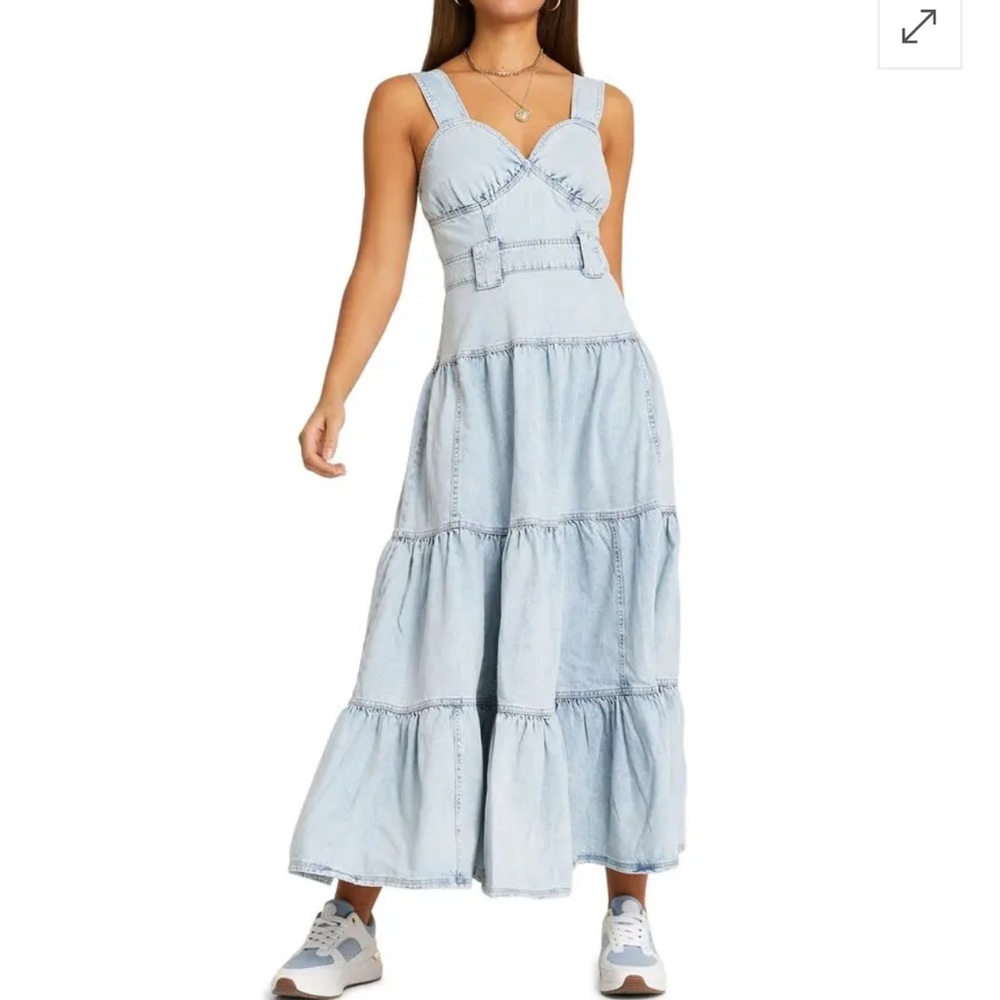 ♥️…RIVER ISLAND Sleeveless Denim Tiered Ruffle Maxi Dress Blue $110